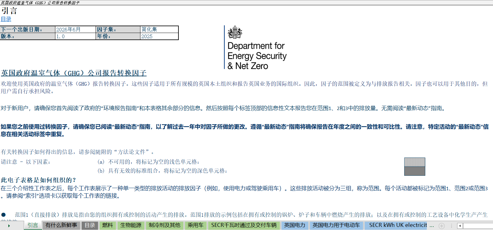 英国政府温室气体报告转换因子